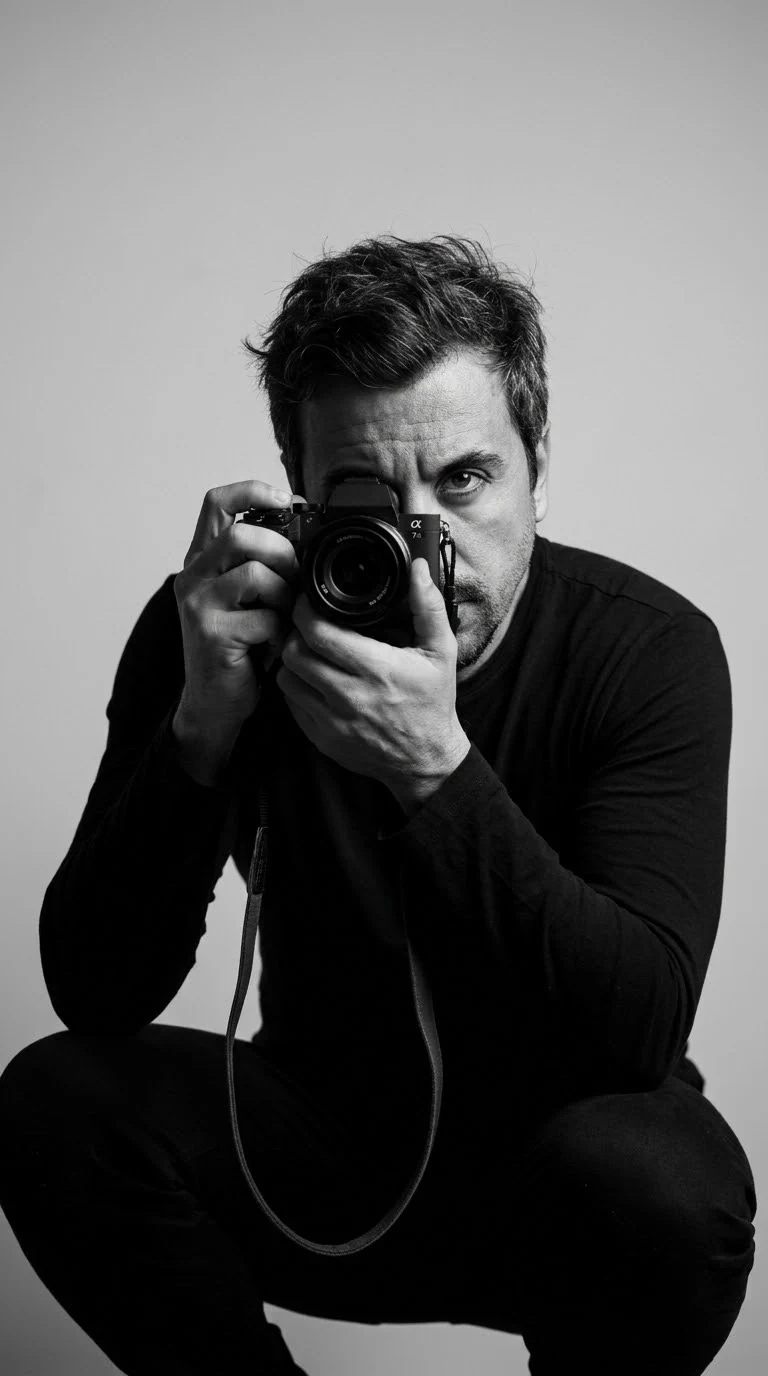 Mauro Stanichesk em preto e branco, agachado, fotografando com a câmera no rosto